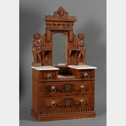 American Eastlake Marble-top and Carved Walnut Child's Size Drop Center Dressing Chest