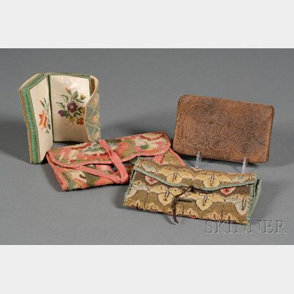 Two Needlework Wallets and Sewing Case, and a Leather Wallet