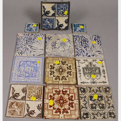 Twelve Wedgwood Transfer Geometric and Floral-decorated Ceramic Tiles