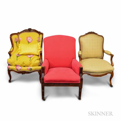Two French Provincial-style Upholstered Fauteuils and a Regency-style Armchair. Estimate $100-200