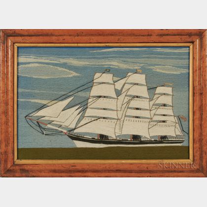 Small Woolwork Picture of a Three-masted Vessel