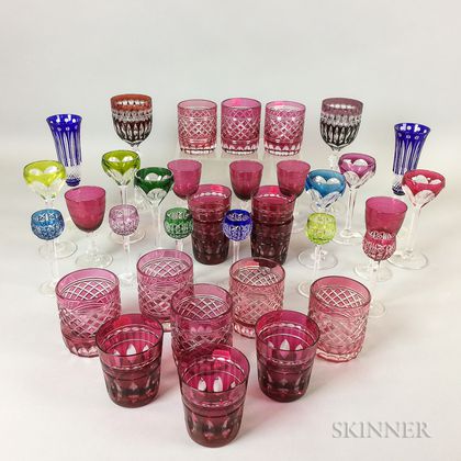Thirty-six Pieces of Colored Cut-to-clear Glass Tableware