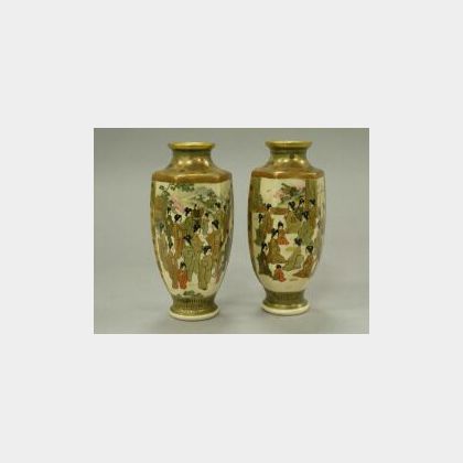 Pair of Japanese Hexagonal Satsuma Ceramic Vases. 