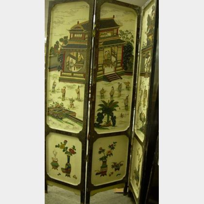 Chinese Lacquered Scenic Decorated Four-Panel Folding Floor Screen. 