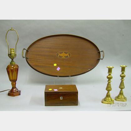 Pair of Brass Beehive Candlesticks, an Inlaid Rosewood Veneer Box, an Amber Glass Fluid-style Table Lamp, and a... 