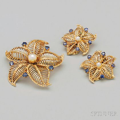 14kt Gold Wirework, Sapphire, and Pearl Starfish Brooch and Matching Earclips