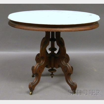 Victorian Oval White Marble-top Carved Walnut Occasional Table
