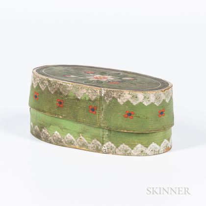 Small Green-painted and Floral-decorated Oval Trinket Box