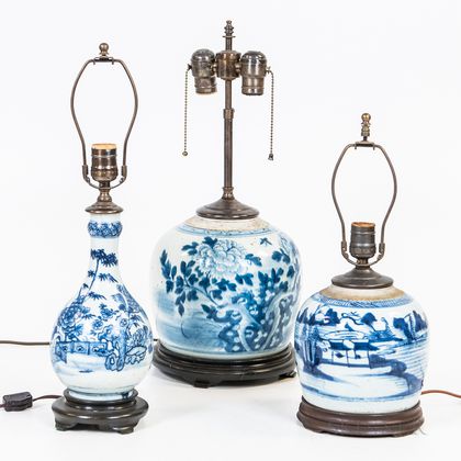 Blue and White Porcelain Ginger Jars and a Bottle as Lamps