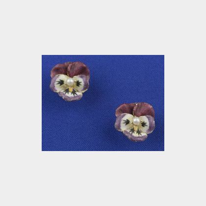 Enamel and Seed Pearl Pansy Earstuds