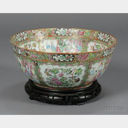 Famille Rose Porcelain Punch Bowl with Carved Wooden Base