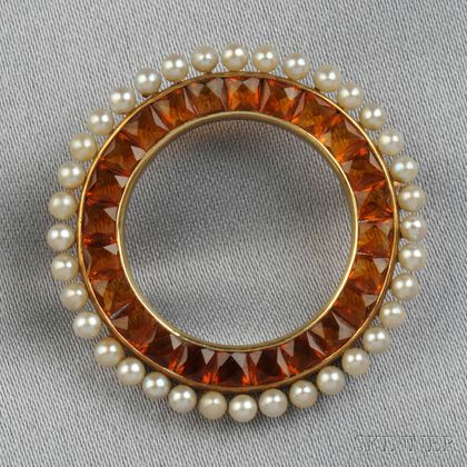 Retro 14kt Gold and Citrine Circle Pin, Retailed by Cartier