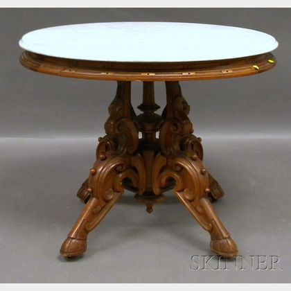 Victorian Renaissance Revival Oval White Marble-top Carved Walnut Occasional Table