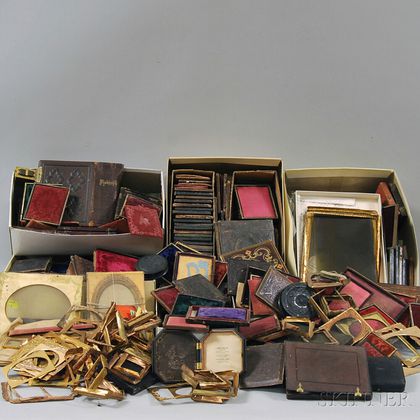 Large Lot of Late 19th Early Photographic Cases, Mats, Glass, Preservers, and Parts