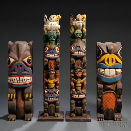 Four Polychrome Carved Wood Folk Art Totem Poles