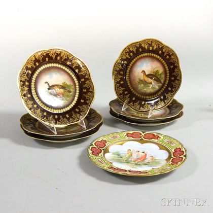 Set of Six Royal Vienna Hand-painted Porcelain Bird Plates and a Vienna Porcelain Plate with Maidens