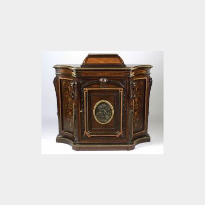 American Renaissance Revival Fruitwood Marquetry Inlaid, Gilt and Patinated BronzeMounted Side Cabinet
