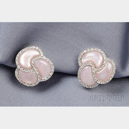 14kt White Gold, Pink Mother-of-Pearl, and Diamond Earclips
