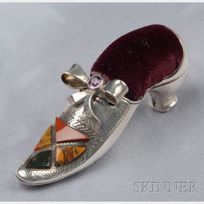Whimsical Victorian Shoe-form Sterling Silver and Scottish Agate Pincushion