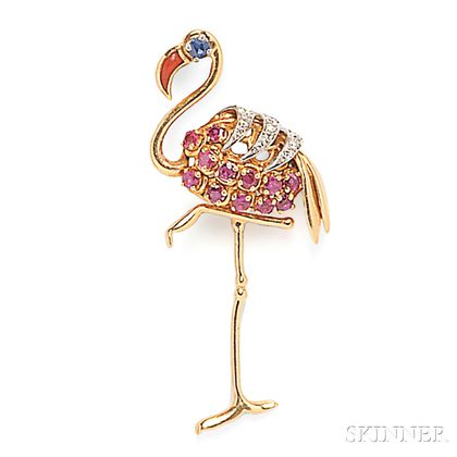18kt Gold Gem-set Flamingo Brooch