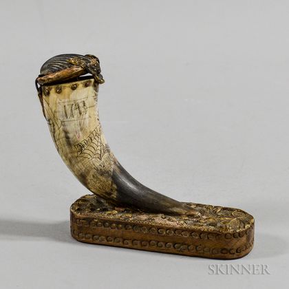 Dragon-carved Powder Horn Mounted to a Wooden Base