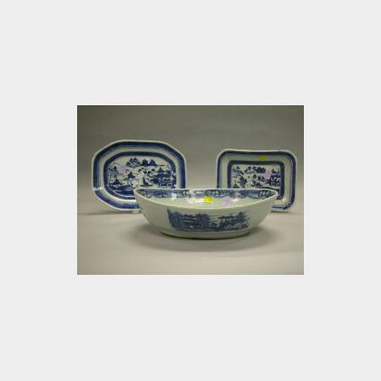 Three Canton Blue and White Porcelain Serving Dishes. 