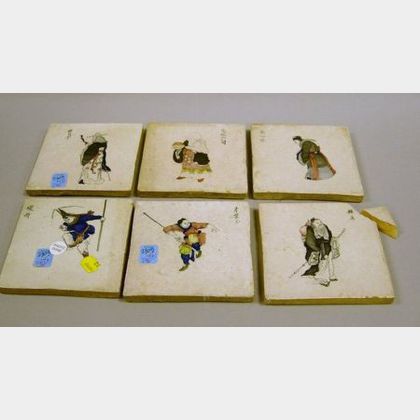 Six Dutch Glazed Pottery Tiles Decorated with Japanese Figures. 