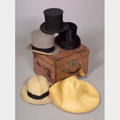 Benjamin Trunk Makers Tan Leather Hatbox and Four Vintage Hats