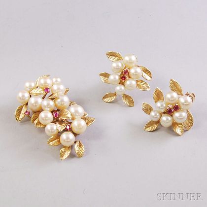 14kt Gold, Pearl, and Ruby Botanical Brooch and Matching Pierced Earclips