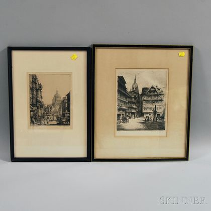 Two Framed European Street Scenes: Henry Lambert (British, 19th/20th Century),Fleet St., St. Paul's