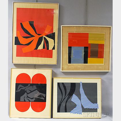 Harold Krisel (American, 1920-1995) Four Framed Screenprints: Volute and Stripes, Split Oblates, Plumed Form, and Summer 10-59