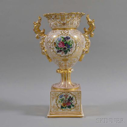 German Gilt and Floral-decorated Porcelain Handled Urn