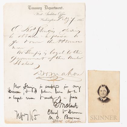 Lincoln, Mary Todd (1818-1882) Signed Request for a Pass, 1865, February 7.