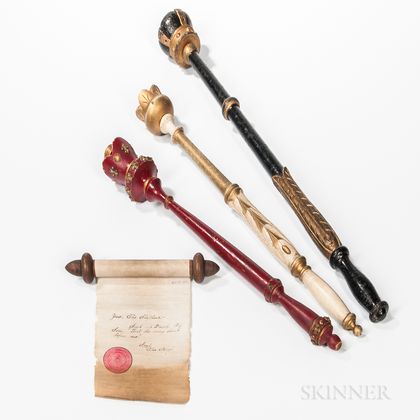 Three Turned, Carved, and Painted Odd Fellows King's Scepters and a Rare King Saul Scroll
