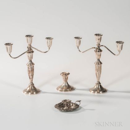 Pair of Sterling Silver Weighted Three-Light Candelabra, a Sterling Silver Weighted Low Candlestick, and a Sterling Silver Chamberstick