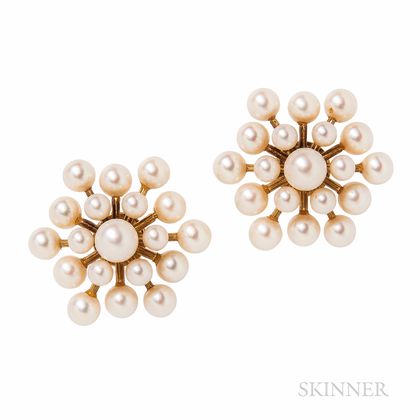 18kt Gold and Cultured Pearl Earrings, Attributed to Mikimoto
