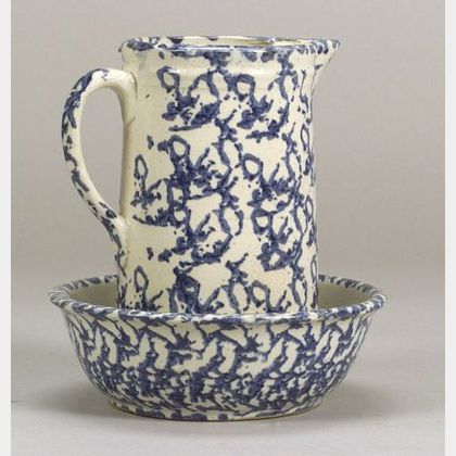 Blue Sponge Decorated Stoneware Pitcher and Bowl