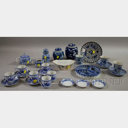 Twenty-five Pieces of Blue and White Flying Turkey Pattern Porcelain Tableware and Three Pieces of Chinese Export Porcelain. 
