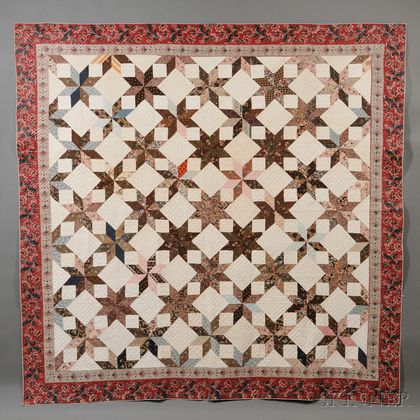 Pieced Chintz and Cotton Fabric Geometric Star Patterned Quilt
