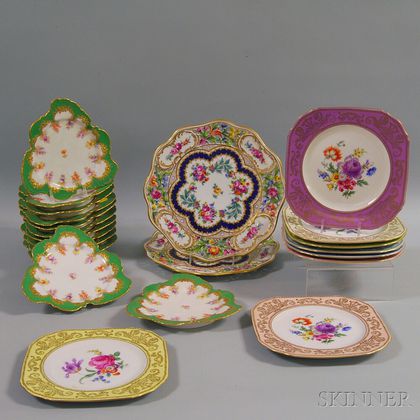 Twenty-two Continental Gilt and Floral-decorated Porcelain Plates