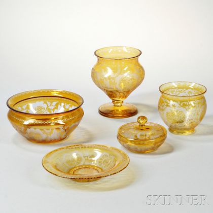 Five Pieces of Amber Etched Bohemian Tableware