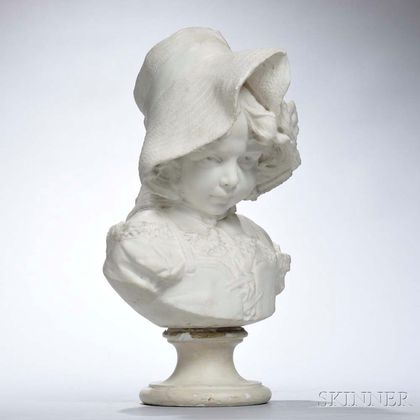 Filli Pugi (Italian, 19th Century) White Marble Bust of a Girl Wearing a Bonnet