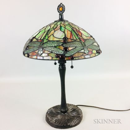 Slag Glass and Metal Dragonfly Table Lamp