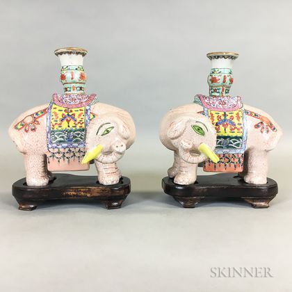 Pair of Famille Rose Elephant Candleholders