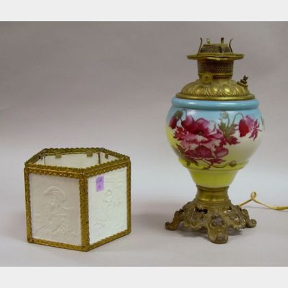 Victorian Metal-mounted Poppy Transfer Decorated Glass Kerosene Table Lamp with Lithophane Five-Panel Shade.... 