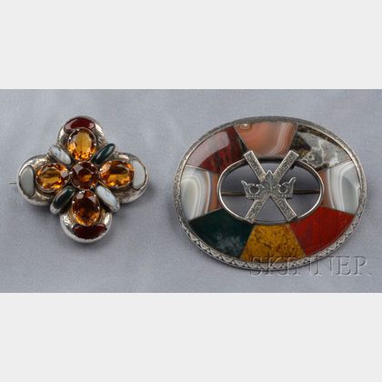 Two Victorian Silver and Scottish Agate Brooches