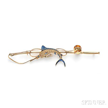 14kt Gold, Enamel, and Seed Pearl Fish and Rod Brooch, Sloan & Co.