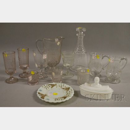 Eleven Pieces of Commemorative Colorless Pressed Pattern and Etched Blown Glass, and Two Pieces of Pressed Milk Glass. 