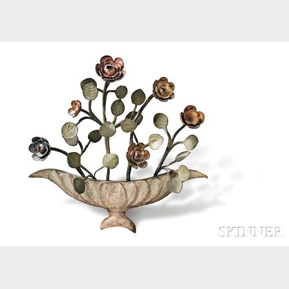 Polychrome Wrought Iron and Carved Wood Basket of Flowers Decorative Element