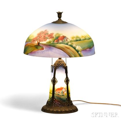 Reverse-painted Glass Table Lamp in the Manner of Pittsburgh